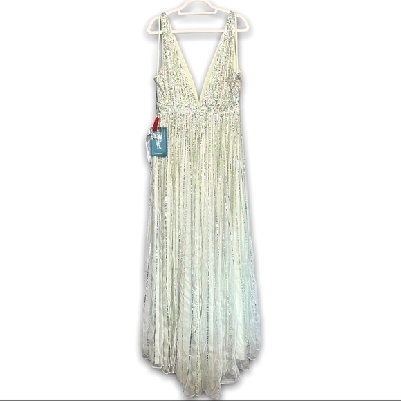 NWT MAC DUGGAL Mint Iridescent Sequin Tulle Sleeveless Open Back Ball Gown 12 - Picture 4 of 9